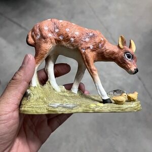 Vintage Brinn's Porcelain Spotted Fawn Deer with Chicks Figurine Woodland